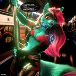 1:1 3d_(artwork) anthro bikini bikini_top black_body black_collar black_fur black_hair breasts canid canine claws clothed clothing collar colorful_theme cyberpunk dialogue digital_media_(artwork) english_text excited exposure_variation facial_markings female fingerless_(marking) fox fur hair head_markings hi_res jacket looking_at_viewer mammal markings mask_(marking) midriff multicolored_hair open_clothing open_jacket open_mouth open_topwear pink_bikini_top pink_eyes pink_hair pink_nose public public_transportation smile solo sparkledog speech_bubble swimwear teal_body teal_fur teal_theme text topwear under_boob whisker_markings whiskers zorryn
