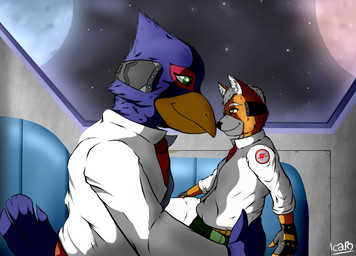 anthro anthro_on_anthro claws cuddling dominant duo kissing larger_male love macro male male/male micro shrinking size_difference size_transformation smaller_male star transformation icarozilla nintendo star_fox falco_lombardi fox_mccloud avian bird canid canine falcon falconid fox mammal