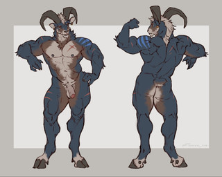 2_horns 4_fingers abs anthro biped fingers flexing flexing_bicep foreskin front_view fur genitals hooves horn male multi_horn muscular muscular_arms muscular_male nipples nude nude_anthro nude_male pecs penis pose realistic rear_view solo tasteful_nudity text unguligrade taran_fiddler bovid caprine mammal sheep 2025 5:4 artist_name dated digital_drawing_(artwork) digital_media_(artwork) english_text full-length_portrait hi_res portrait