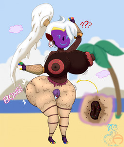 5_fingers after_transformation beach blue_eyes blue_mouth blue_sky breast_expansion breasts brown_body brown_skin butt butt_expansion day dessert directional_arrow doughnut ear_piercing ear_ring erect_nipples expansion female fingers food frosting frosting_on_breasts frosting_on_face genitals gumdrop_(food) hair humanoid_genitalia humanoid_hands humanoid_vulva navel nipples not_furry palm_tree pastry piercing plant ponytail question_mark ring_piercing sky solo tree vulva what what_has_science_done white_clouds white_hair quickswift shantae_(series) wayforward shantae food_creature food_humanoid genie humanoid 2023 digital_drawing_(artwork) digital_media_(artwork) english_description hi_res paint_tool_sai_(artwork) signature story story_at_source story_in_description