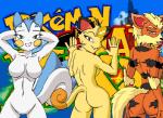 against_surface against_wall anthro anthrofied arcanine black_nose breasts butt canid canine fangs felid female front_view generation_1_pokemon generation_4_pokemon green_eyes group hands_behind_head looking_at_viewer looking_back mammal meowth nintendo nude open_mouth orange_body orange_butt orange_eyes pachirisu pikanjo pokemon pokemon_(species) pokemon_snap_xxx pokemorph rear_view rodent sciurid side_boob standing stripes teeth white_body yellow_body
