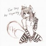 anthro armwear biped breasts clothed clothing collar featureless_crotch female footwear fur hair half-closed_eyes legwear long_hair mostly_nude narrowed_eyes partially_clothed simple_background sitting small_breasts smile socks solo stripes text white_background tigerlilylucky canid canine canis mammal wolf 2008 english_text monochrome sketch traditional_media_(artwork)