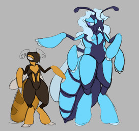4_arms age_difference angry antennae_(anatomy) anthro bedroom_eyes blue_body blue_hair blue_markings brown_body duo eyelashes female gesture hair hand_gesture heart_symbol looking_at_another markings multi_arm multi_limb narrowed_eyes pointing pointing_at_another seductive side_eye size_difference standing thick_thighs yellow_markings thathareboy arthropod bee hymenopteran insect hi_res