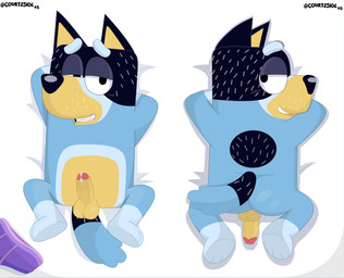 added_anatomy anthro balls bedroom_eyes bodily_fluids butt dakimakura erection genital_fluids genitals humanoid_genitalia humanoid_penis lying male narrowed_eyes nude on_model penis precum seductive solo courtzside45 bluey_(series) bandit_heeler australian_cattle_dog canid canine canis cattledog domestic_dog herding_dog mammal pastoral_dog absurd_res dakimakura_design hi_res