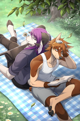 anthro biped book brown_hair claws clothed clothing duo ear_piercing ear_ring flower flower_in_mouth hair hooves horn male male/male pawpads piercing plant playing_music purple_hair ring_piercing tail seyumei keith_(seyumei) sky_(seyumei) bovid canid canine canis caprine dobermann domestic_dog goat mammal pinscher 2025 hi_res