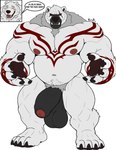 4_toes 5_fingers anthro balls belly biceps big_balls big_belly big_muscles big_penis black_sclera blush blush_lines claws crotch_tuft dialogue fangs feet fingers flaccid foreskin frown fur genitals happy huge_balls huge_muscles huge_penis humanoid_genitalia humanoid_penis inner_ear_fluff looking_at_viewer male markings multicolored_body multicolored_fur musclegut muscular muscular_anthro muscular_male navel nipples nude open_mouth pawpads paws pecs penis plantigrade red_eyes red_tattoo saggy_balls simple_background smile solo speech_bubble tattoo teeth text thick_thighs toes tuft tusks two_tone_body two_tone_fur vein white_body white_fur xyandrith bear demon mammal polar_bear ursine absurd_res hi_res