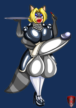 anthro balls big_balls big_breasts big_penis bimbofication bimbofied blonde_hair breasts clothed clothing drag_(fashion) drag_queen dress erect_nipples erection eyeshadow genitals gynomorph hair huge_balls huge_breasts huge_penis hyper hyper_balls hyper_breasts hyper_genitalia hyper_penis intersex latex latex_clothing lips lipstick maid_apron maid_collar maid_uniform makeup multi_arm multi_limb nipple_outline nipples nipples_through_clothes nipples_visible_through_clothing penis solo tail thick_lips tight_clothing uniform ladyfoxheart humanoid hybrid mammal procyonid raccoon absurd_res alpha_channel hi_res