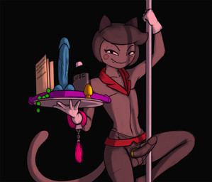anal_beads anthro balls bottomwear brochure bulge buttplug clothed clothing cuff_(restraint) dildo erection erection_under_clothing femboy fur fuzzy_handcuffs genitals hair handcuffs legwear looking_at_viewer male metal_cuffs pantyhose penis platter plug_(sex_toy) pole restraints sex_toy simple_background smile solo stockings stripper_pole text imierbenety cartoon_network ok_k.o.!_let's_be_heroes purrcival domestic_cat felid feline felis mammal 2022 colored colored_sketch digital_drawing_(artwork) digital_media_(artwork) english_text hi_res shaded sketch