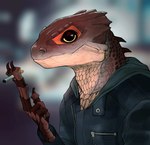 anthro blurred_background brown_body brown_scales cigarette clothing dorsal_ridge holding_cigarette holding_object jacket looking_at_viewer male red_body red_scales scales solo tan_body tan_scales topwear yellow_eyes zipper drijuce crocodile_skink lizard red-eyed_crocodile_skink reptile scalie skink 2023 digital_media_(artwork) half-length_portrait hi_res portrait