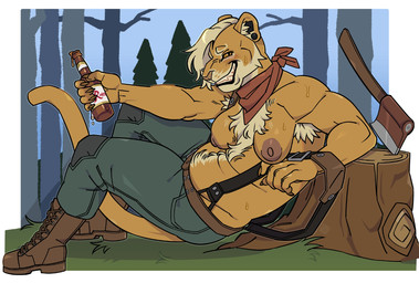 anthro areola armpit_hair axe beer_bottle belly_hair big_areola blush bodily_fluids body_hair bottle breasts chest_hair clothed clothing container ear_piercing female hairy_female looking_at_viewer muscular muscular_female outside piercing plant side_shave solo suspenders sweat tail topless tree tree_stump loxiv felid lion mammal pantherine hi_res