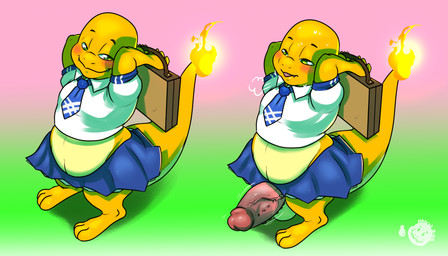 anthro balls belly big_penis blush bottomwear briefcase butt clothed clothing crossdressing erection feet fire flaming_tail genitals huge_penis humanoid_genitalia humanoid_penis male necktie overweight overweight_anthro overweight_male penis school_uniform shirt skirt slightly_chubby solo sweater tail tail_under_skirt tank_top text topwear uniform vein veiny_penis had0u nintendo pokemon fan_character hadou_(satsui-n0-had0u) charmander generation_1_pokemon pokemon_(species) scalie 2017 hi_res signature