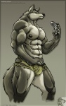 abs anthro biceps big_muscles bottomwear bulge cellphone clothed clothing electronics flip_phone fur inner_ear_fluff male muscular muscular_anthro muscular_male nipples phone shorts solo tail tattered topless torn_clothing tuft yellow_eyes furious_(artist) canid canine canis mammal wolf