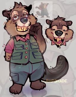 ambiguous_gender anthro asymmetrical_teeth barefoot beaver_tail black_nose blue_bottomwear blue_clothing blue_shorts bottomwear brown_body brown_eyes brown_fur buckteeth clothing collared_shirt feet female fur green_clothing green_topwear green_vest hand_behind_back head_tuft orange_eyes pockets red_clothing red_shirt red_topwear red_undershirt shirt shorts smile solo tan_body tan_fur teeth toothpick topwear tuft undershirt vest whiskers yellow_teeth lampshade_(artist) disney zootopia nibbles_maplestick beaver mammal rodent hi_res female_(lore)