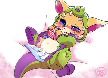 anthro balls bed big_ears block blue_eyes blush bodily_fluids brown_body brown_fur clothed clothing costume diaper diaper_change embarrassed exposed feet footwear fur furniture genitals lying male onesie open_diaper partially_clothed penis shoes slippers solo sweat tears toddler young young_anthro m@rt league_of_legends riot_games tencent gnar_(lol) mammal yordle hi_res