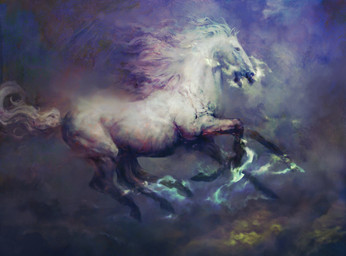 6_legs abstract_background ambiguous_gender feral hooves mane multi_leg multi_limb nude open_mouth side_view smoke smoke_from_nose solo tail white_body white_mane nils_hamm hasbro magic:_the_gathering wizards_of_the_coast equid equine horse mammal 2021 hi_res official_art