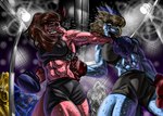 abs anthro athletic athletic_female blue_body blue_feathers blue_scales bodily_fluids bone_frill bottomwear boxing_gloves breasts brown_hair clenched_teeth clothing crop_top detailed_background duo_focus eyewear feathered_crest feathers female fight fighting_ring frill_(anatomy) glasses group hair handwear head_crest male navel pink_body pink_scales punch red_body red_feathers scales shirt shorts snout sport sportswear sweat tank_top teeth topwear banco cavemanon_studios i_wani_hug_that_gator snoot_game axel_(black_jack) jenine_(iwhtg) kiara_(iwhtg) theresa_(snoot_game) victoria_(iwhtg) ceratopsian dinosaur dromaeosaurid hadrosaurid ornithischian ornithopod parasaurolophus prehistoric_species protoceratops pterosaur reptile scalie theropod velociraptor colored