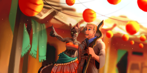 anthro big_ears blonde_hair blue_eyes bottomwear breasts brown_body brown_fur brown_hair clothed clothing duo female fingers fur gesture hair hand_gesture interspecies lamp lantern male male/female medium_breasts navel open_mouth orange_clothing outside pointing ponytail robe simple_background skinny skirt smile staff standing street stripes teeth topwear tube_top wide_hips yellow_eyes vyntastic microsoft the_elder_scrolls the_elder_scrolls_online felid human humanoid khajiit mammal 2021 2:1 absurd_res digital_drawing_(artwork) digital_media_(artwork) hi_res widescreen