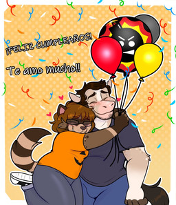 4_fingers anthro bangs bent_leg birthday black_clothing black_eyewear black_footwear black_glasses black_shoes blue_bottomwear blue_clothing blue_pants blue_shirt blue_t-shirt blue_topwear blush border bottomwear brown_eyebrows brown_hair brown_stripes brown_tail cheek_tuft closed_smile clothed clothed_anthro clothing confetti dotted_background duo eyebrow_through_hair eyebrows eyelashes eyes_closed eyewear facial_tuft female female_anthro fingers fluffy fluffy_tail footwear fully_clothed fully_clothed_anthro fur glasses grey_bottomwear grey_clothing grey_pants hair happy holding_balloon holidays interspecies larger_anthro larger_male light love male male_anthro markings medium_hair mouth_closed multicolored_body multicolored_fur orange_background orange_clothing orange_shirt orange_t-shirt orange_topwear outline pants pattern_background pink_inner_ear rectangular_glasses romantic romantic_couple shirt short_hair simple_background size_difference smaller_anthro smaller_female smile striped_markings striped_tail stripes stubble t-shirt tail tail_markings text toothy_smile topwear translucent translucent_hair tuft two_tone_tail white_border white_outline ractoons halloween colty_(colty8) raquel_(ractoons) equid equine horse mammal procyonid raccoon 2024 colored digital_drawing_(artwork) digital_media_(artwork) english_description hi_res lighting spanish_text translated