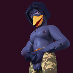 alternative_fashion anthro barbell_piercing big_muscles big_pecs bottomwear camo camo_bottomwear camo_clothing camo_pants camo_print clothing genital_piercing genitals goth jewelry male masturbation muscular navel navel_piercing necklace nipple_piercing nipples pants pattern_bottomwear pattern_clothing pattern_pants pecs penis penis_piercing piercing prince_albert_piercing purple_body solo markmurders goneafterdark_(modeler) markmurders_(character) avian bird corvid corvus_(genus) crow oscine passerine 1:1 3d_(artwork) absurd_res digital_media_(artwork) hi_res