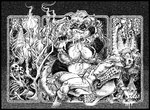 anthro areola big_breasts biped blood bodily_fluids breasts clothed clothing container cup death detailed_background female fur goblet hair hard_vore long_hair nipple_piercing nipple_ring nipples open_mouth overweight piercing ring_piercing topwear vore lachland-nightingale domestic_ferret mammal mustelid musteline true_musteline weasel hi_res monochrome pen_(artwork) traditional_media_(artwork)