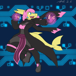 anthro blue_eyes clothing cyberpunk dark_clothing energy female hair pink_clothing pink_hair pirate scarf shark_fin shark_tail shark_teeth space yellow_body yellow_skin dirtymac mac-daddy aquatic fish shark 1:1 absurd_res hi_res
