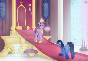 bowing candle chair duo female feral furniture horn magic male male/female plant_pot regalia throne wings kreuz friendship_is_magic hasbro my_little_pony mythology blue_thunder twilight_sparkle_(mlp) equid equine mammal mythological_creature mythological_equine winged_unicorn