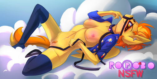 anthro anthrofied bottomless breasts clothed clothing cloud collar feathers female gag gagged genitals leash legwear looking_at_viewer muzzle_(object) muzzle_gag muzzled navel nipples open_clothing open_shirt open_topwear partially_clothed pubes shirt smile solo spread_legs spreading stockings submissive thigh_highs topwear undressing vulva wings yellow_body yellow_feathers ropobo_nsfw friendship_is_magic hasbro my_little_pony mythology spitfire_(mlp) wonderbolts_(mlp) equid equine mammal mythological_creature mythological_equine pegasus absurd_res hi_res