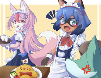 angry anthro blue_body blue_eyes blue_fur blue_hair blush brown_body brown_fur clothed clothing female fluffy fluffy_tail food fur group hair holding_object japan long_hair maid_uniform male open_mouth open_smile pink_body pink_eyes pink_fur pink_hair red_eyes smile tail teapot uniform white_body white_fur natadeko_kitsune brand_new_animal netflix studio_trigger michiru_kagemori nazuna_hiwatashi shirou_ogami canid canine canis fox mammal raccoon_dog tanuki wolf 2020