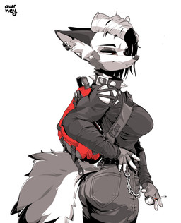 alternate_costume anthro backpack bottomwear cigarette clothed clothing collar denim denim_bottomwear denim_clothing ear_piercing ear_ring female grey_body hair jeans muscular muscular_anthro muscular_female pants piercing red_eyes ring_piercing simple_background solo spikes topwear awr_hey hellaverse helluva_boss mythology loona_(helluva_boss) canid canid_demon canine demon hellhound mammal mythological_canine mythological_creature 2021 absurd_res digital_drawing_(artwork) digital_media_(artwork) hi_res