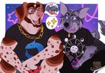 abstract_background anthro brown_body brown_fur chain_necklace clothed clothing collar duo eye_contact eyelashes female fur grey_body grey_fur jewelry looking_at_another male markings moon necklace open_mouth open_smile print_clothing print_shirt print_topwear shirt smile sparkles speech_bubble thought_bubble topwear ferwanwan nintendo nintendo_switch pokemon canid canine canis domestic_dog garchomp generation_4_pokemon mammal pokemon_(species) 2022 hi_res pictographics