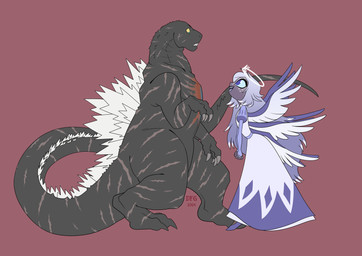 6_wings back_spikes bangs black_body black_scales blue_body blue_eyes blue_feathers blue_hair blue_pupils chest_scar clasped_hands claws clothed clothing crossover_ship dark_body dark_skin digitigrade dress duo feathered_wings feathers female footwear freckled_face freckles frown hair halo interspecies larger_male long_hair long_tail looking_up_at_partner male male/female multi_wing open_mouth open_smile pupils purple_pupils scales scar scars_all_over sharp_teeth shoes simple_background size_difference smile spikes spikes_(anatomy) surprised surprised_face tail teeth toe_claws wings yellow_eyes dragonfoxgirl godzilla_(series) hazbin_hotel hellaverse toho emily_(hazbin_hotel) godzilla angel humanoid kaiju monster reptile scalie seraph_(angel) crossover hi_res story story_in_description