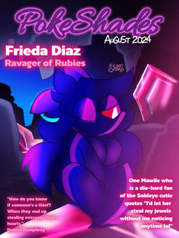anthro big_breasts breasts eyeshadow female fictional_magazine_cover gem hair long_hair makeup nude nude_anthro nude_female one_eye_closed purple_body purple_eyeshadow purple_hair red_sclera smile solo text white_eyes wink filthycottonart unfortu-nate nintendo pokemon frieda_(unfortu-nate) generation_3_pokemon pokemon_(species) sableye 2024 cover digital_media_(artwork) english_text hi_res magazine_cover
