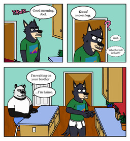 anthro black_text blue_bottomwear blue_clothing blue_pants bottomwear briefs clothed clothing dialogue duo electrical_outlet facial_hair furniture green_clothing green_shirt green_t-shirt green_topwear half-closed_eyes inside kitchen kitchen_knives male monotone_briefs monotone_clothing monotone_underwear morning mustache narrowed_eyes open_mouth pants pantsless pantsless_anthro pantsless_male pink_text plant plant_pot potted_plant print_clothing print_shirt print_t-shirt print_topwear question_mark shirt sitting sound_effects speech_bubble stool stubble t-shirt teeth_showing text tighty_whities tongue_showing topwear underwear white_briefs white_clothing white_door white_shirt white_t-shirt white_topwear white_underwear eddicus joel_(eddicus) lance_(eddicus) bear canid canine canis domestic_dog giant_panda husky mammal nordic_sled_dog spitz comic english_text hi_res