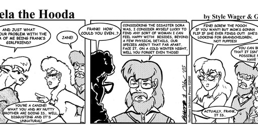 angry anthro beard breasts clothed clothed_female clothed_male clothing dialogue dipstick_ears ear_markings ears_back eyewear facial_hair female fur glasses group hair male multicolored_ears mustache pivoted_ears text topwear trio vest style_wager dela_the_hooda dela_aldershaw frank_dunn jane_dunn canid canine fox hooda human mammal 2005 comic english_text greyscale monochrome