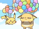 ambiguous_gender attached_to_balloon balloon balloon_support cloud detailed_background duo hanging_from_balloon inflatable inflatable_support open_mouth outside red_cheeks rope sky yellow_cheeks rairai-no26-chu nintendo pokemon generation_1_pokemon pikachu pokemon_(species) raichu 2018 4:3