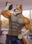 abs anthro biceps bulge clothed clothing exercise gym male muscular muscular_anthro muscular_male navel pecs solo topless weightlifting workout banni_art blake_gibson canid canine canis mammal wolf absurd_res hi_res