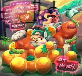 after_vore belly big_belly clothing female female_pred gloves group handwear hat headgear headwear overweight sitting text vore malachi21148 nintendo splatoon marina_(splatoon) pearl_(splatoon) aquatic cephalopod humanoid inkling mollusk octarian octoling 2021 english_text hi_res