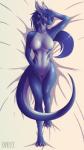 2017 anthro blue_body blue_eyes blue_hair blue_scales blue_skin blush breasts dragon english_text equus female genitals hair hi_res horn kanevex long_hair looking_at_viewer lying mythological_creature mythological_scalie mythology nephy nipples non-mammal_breasts nude on_back pink_nipples pussy reclining sapphire_(aidenshep) scales scalie signature smile solo tail text white_horn