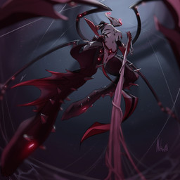 2_horns 6_legs 8_limbs anthro black_legs black_markings blurred_background bottomwear breasts carapace clothing eyeless faceless female hand_on_hip horn leashed_viewer loincloth low-angle_view markings medium_breasts mouthless pointy_feet red_arms red_glow red_markings slim small_waist solo spider_web spikes white_body nikwaaai digital_extremes tencent warframe oraxia_(warframe) arachnid arthropod biomechanical humanoid spider warframe_(species) 1:1 absurd_res hi_res signature