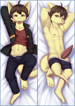 animal_genitalia anthro athletic athletic_anthro athletic_male bed big_penis blue_border border bottomwear bottomwear_down brown_hair bulge claws clothed clothing dakimakura erection fur furniture genital_slit genitals hair jacket looking_at_viewer lying lying_on_bed male nude on_bed pants pants_down partially_clothed pecs penis raised_clothing raised_topwear solo tail tapering_penis tenting thick_penis tongue tongue_out topwear yellow_body yellow_fur unit_no04 mythology hares_(unit_no04) dragon furred_dragon furred_scalie mythological_creature mythological_scalie scalie absurd_res dakimakura_design hi_res multiple_images