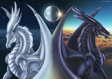 2_horns alter_ego ambiguous_feral ambiguous_gender back_to_back black_body black_fur black_scales claws contrast cosmic_background duo eclipse fantasy feral fur fur_and_scales horn long_neck long_snout moon open_mouth outside pupils scales sky skyscape slit_pupils snout solar_eclipse symmetry text white_body white_fur white_scales wing_claws wings yellow_eyes dqueen european_mythology mythology xigfeldo dragon furred_dragon furred_scalie mythological_creature mythological_scalie scalie western_dragon 2022 artist_name digital_media_(artwork) half-length_portrait hi_res portrait male_(lore)