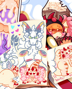 anthro armor belly big_belly bodily_fluids claws cum cum_in_vagina cum_inside drawing_(object) drawing_in_a_drawing female fur genital_fluids genitals green_eyes hair headgear heart_eyes heart_symbol helmet horn horned_helmet internal larger_male male male/female multiple_poses overweight overweight_female panel_skew penis pink_hair pose purple_penis red_claws sharp_teeth size_difference slightly_chubby smaller_female teeth visor white_body white_fur blargasmic mythology yokai_love_you! kusanagi_(blargen69) tsuchino_(blargen69) dinosaur dragon kaiju mythological_creature mythological_scalie prehistoric_species reptile saurischian scalie theropod tyrannosaurid tyrannosauroid tyrannosaurus tyrannosaurus_rex hi_res sketch