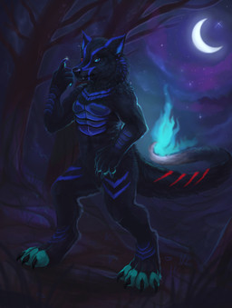 4_toes 5_fingers anthro biped black_body black_claws black_fur black_nose blue_eyes blue_fire blue_markings claws colored_fire dark detailed_background digitigrade feet fingers fire fur grass handpaw heterochromia long_tail looking_at_viewer male markings moon night no_sclera nude outside paws plant red_eyes red_markings snout solo standing star tail toes tree kyuubreon mythology ormeath canid canine dragon hybrid mammal mythological_canine mythological_creature mythological_scalie scalie werecanid werecanine werecreature werewolf absurd_res hi_res