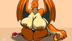 anthro big_breasts breasts female holding_breast huge_breasts kneeling membrane_(anatomy) membranous_wings nude solo tail wings mrundead nintendo pokemon charizard generation_1_pokemon pokemon_(species) hi_res