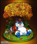 ambiguous_gender anthro autumn blue_eyes blue_pawpads featureless_crotch leaf lying nude on_back outside pawpads plant solo text tree o-kemono nurko bear mammal 2020 url