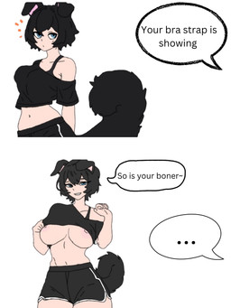 areola blue_eyes breasts clothed clothing dialogue ellipsis emanata female female_humanoid flashing flashing_breasts navel nipples offscreen_character solo speech_bubble tail amarok_uwu animal_humanoid canid canid_humanoid canine canine_humanoid dog_humanoid humanoid mammal mammal_humanoid hi_res meme