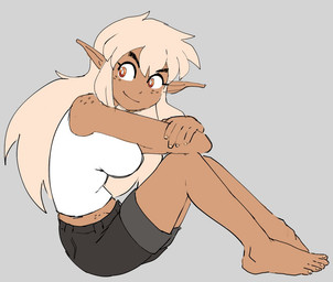 5_fingers 5_toes barefoot black_bottomwear black_clothing black_shorts bottomwear brown_body brown_ears brown_skin clothed clothed_female clothed_humanoid clothing crop_top elbow_on_knee eyebrows feet female fingernails fingers freckled_face freckled_hips freckled_shoulders freckles grey_background hair humanoid_pointy_ears long_hair looking_aside nails not_furry orange_eyes pointy_ears pupils shirt shorts simple_background sitting solo tan_hair thick_eyebrows toenails toes topwear white_clothing white_crop_top white_pupils white_sclera white_topwear genocityzone autumn_(genocityzone) elf humanoid 2025 digital_media_(artwork)