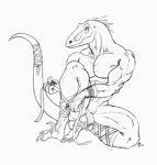 abs anthro balls bandage biceps biped circumcised claws flaccid genitals humanoid_genitalia humanoid_penis male muscular muscular_anthro muscular_male nude pecs penis pose scales sitting solo tail toe_claws sudonym dinosaur prehistoric_species reptile scalie monochrome