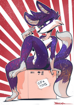 2_tails anthro box container female fur genitals hair label multi_tail pattern_background purple_body purple_eyes purple_fur purple_hair simple_background sitting sitting_on_box solo speckled_fur striped_background stylized tail text vulva ratcha tanti canid canine fox mammal 2025 artist_name digital_drawing_(artwork) digital_media_(artwork) english_text hi_res signature