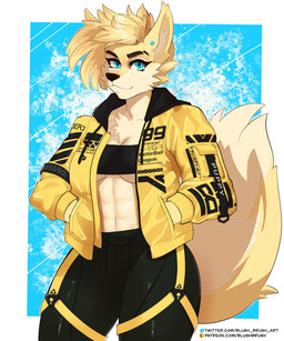 abs anthro athletic athletic_anthro athletic_female bandeau biceps big_breasts blonde_hair blue_eyes breasts chest_tuft cleavage clothed clothing ear_piercing female fluffy fluffy_tail fur glistening glistening_body glistening_clothing grin hair hand_in_pocket jacket midriff multicolored_body multicolored_fur neck_tuft open_clothing open_jacket open_topwear piercing pockets simple_background smile solo straps streetwear tail techwear text text_on_clothing text_on_jacket text_on_topwear thick_thighs topwear tube_top tuft two_tone_body two_tone_fur under_boob undercut yellow_body yellow_fur blushbrush blush_(blushbrush) bird_dog canid canine canis domestic_dog golden_retriever hunting_dog mammal retriever wolf 5:6 absurd_res english_text hi_res japanese_text